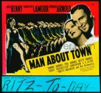 1a069 MAN ABOUT TOWN glass slide '39 Jack Benny between Betty Grable & Dorothy Lamour!