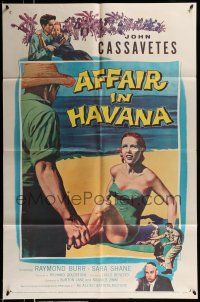 1f013 AFFAIR IN HAVANA 1sh '57 John Cassavetes in Cuba, art of Sara Shane in swimsuit on beach!