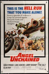 1f027 ANGEL UNCHAINED 1sh '70 AIP, bikers & hippies, this is the hell run that you make alone!