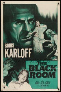 1f082 BLACK ROOM 1sh R55 great close image of creepy Boris Karloff & scared Marian Marsh, horror!