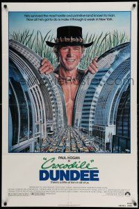 1f173 CROCODILE DUNDEE 1sh '86 cool art of Paul Hogan looming over New York City by Daniel Goozee!