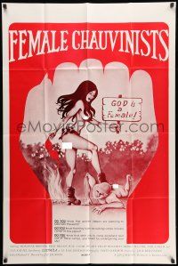 1f228 FEMALE CHAUVINISTS 1sh '76 art of mostly naked girl holding God is a Female sign!