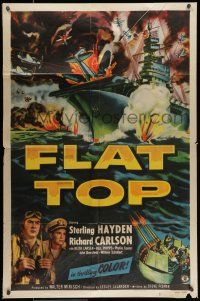 1f241 FLAT TOP 1sh '52 Sterling Hayden, cool art of World War II ship under fire!