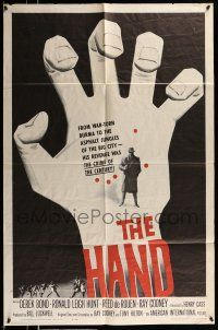 1f294 HAND 1sh '61 cool artwork of giant hand reaching for man in trench coat with gun!