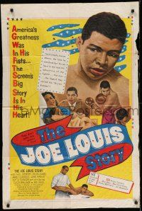 1f393 JOE LOUIS STORY 1sh '53 close up art of heavyweight champion boxer knocking out opponent!