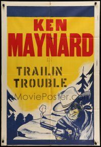 1f411 KEN MAYNARD 1sh '40s cool close up western artwork, Trail in Trouble!