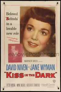 1f421 KISS IN THE DARK 1sh '49 close up headshot of Jane Wyman + kissing David Niven!