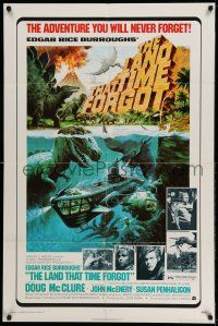 1f440 LAND THAT TIME FORGOT 1sh '75 Edgar Rice Burroughs, cool George Akimoto dinosaur art!