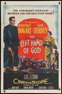 1f452 LEFT HAND OF GOD 1sh '55 artwork of priest Humphrey Bogart holding gun + sexy Gene Tierney!