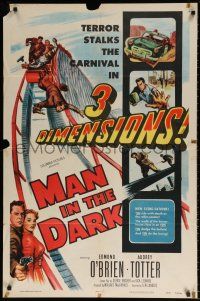 1f511 MAN IN THE DARK 3D 1sh '53 really cool 3-D art of men fighting on rollercoaster!