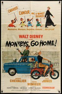 1f560 MONKEYS GO HOME 1sh '67 Disney, art of Maurice Chevalier, Yvette Mimieux & apes!
