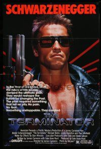 1f845 TERMINATOR 1sh '84 close up of classic cyborg Arnold Schwarzenegger with gun!