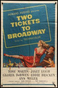 1f895 TWO TICKETS TO BROADWAY 1sh '51 great artwork of Janet Leigh & Tony Martin, Howard Hughes!