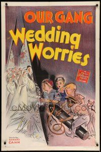 1f934 WEDDING WORRIES 1sh '41 wacky stone litho of Our Gang kids spraying laughing gas at guests!