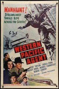 1f940 WESTERN PACIFIC AGENT 1sh '50 Kent Taylor on a manhunt for shooter on top of bridge!