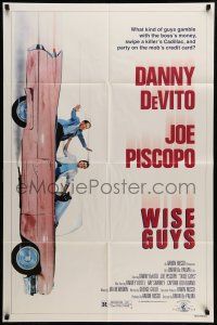 1f979 WISE GUYS 1sh '86 wacky image of Danny DeVito & Joe Piscopo in pink Cadillac!