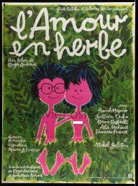 1g484 BONJOUR AMOUR French 1p '77 wacky artwork of naked teen couple, L'Amour en herbe!!