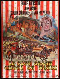 1g509 CIRCUS WORLD French 1p '65 best art of Claudia Cardinale & John Wayne by Jean Mascii!