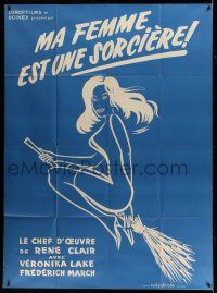 1g627 I MARRIED A WITCH blue French 1p R50s different art of sexy Veronica Lake flying on broom!