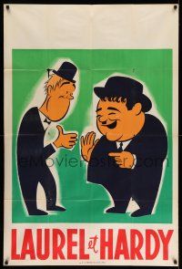 1g381 LAUREL & HARDY French 32x47 '50s cartoon art of Oliver Hardy laughing at Stan Laurel!