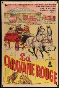1g388 RED WAGON French 32x47 '33 R. Flipo art of horse-drawn buggy, caged lions & circus tent!
