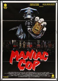 1g298 MANIAC COP Italian 1p '91 cool different artwork of him looming over New York City!