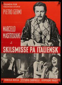1j765 DIVORCE - ITALIAN STYLE Danish '62 great close up of seated Marcello Mastroianni with gun!