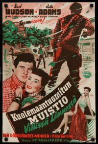 1j207 LAWLESS BREED Finnish '53 art of cowboy Rock Hudson with gun & image with Adams!