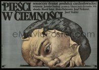 1j398 FISTS IN THE DARK Polish 27x38 '87 surreal Wieslaw Walkuski art of crushed face on a rock!