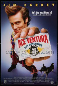1k018 ACE VENTURA PET DETECTIVE 1sh '94 Jim Carrey tries to find Miami Dolphins mascot!