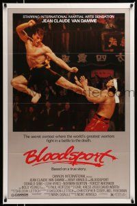 1k095 BLOODSPORT 1sh '88 cool image of Jean Claude Van Damme kicking Bolo Yeung in his huge pecs!