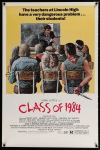 1k140 CLASS OF 1984 1sh '82 art of teacher Roddy McDowall holding gun on bad punk teens!