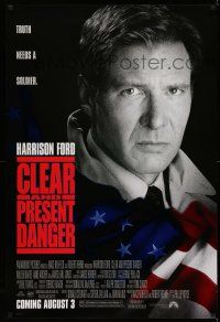1k141 CLEAR & PRESENT DANGER advance 1sh '94 great portrait of Harrison Ford and American flag!