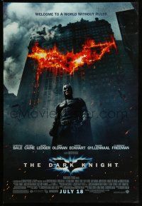 1k158 DARK KNIGHT advance DS 1sh '08 Christian Bale as Batman in front of flaming building!