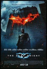 1k159 DARK KNIGHT int'l advance DS 1sh '08 Christian Bale as Batman in front of flaming building!