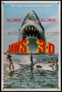 1k394 JAWS 3-D 1sh '83 great Gary Meyer shark artwork, the third dimension is terror!
