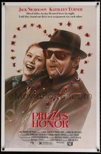 1k604 PRIZZI'S HONOR 1sh '85 smoking Jack Nicholson & Kathleen Turner w/bullet holes!