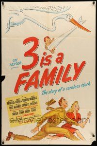 1p004 3 IS A FAMILY 1sh '44 wacky artwork of stork with baby chasing couple on tandem bicycle!