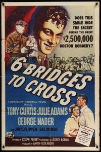 1p012 6 BRIDGES TO CROSS 1sh '55 different art of bank robber Tony Curtis by Belinsky!