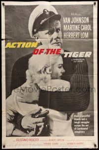 1p018 ACTION OF THE TIGER 1sh '57 cool image of Van Johnson holding Martine Carol & pistol!
