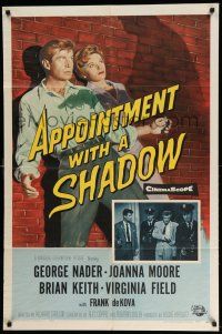 1p047 APPOINTMENT WITH A SHADOW 1sh '58 cool noir artwork of silhouette pointing gun at stars!