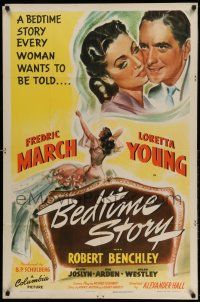 1p080 BEDTIME STORY style A 1sh '41 great artwork of Fredric March & sexy Loretta Young!