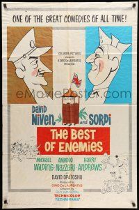 1p086 BEST OF ENEMIES 1sh '62 David Niven, Alberto Sordi, Guy Hamilton, cool cartoon art!