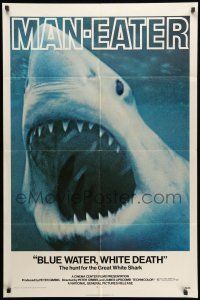 1p110 BLUE WATER, WHITE DEATH 1sh '71 cool super close image of great white shark with open mouth!