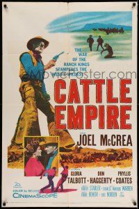 1p166 CATTLE EMPIRE 1sh '58 cool full-length image of cowboy Joel McCrea with gun drawn!