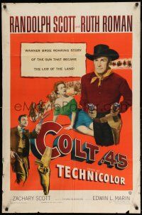 1p193 COLT .45 1sh '50 great image of Randolph Scott pointing two guns by sexy Ruth Roman!