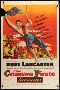 1p214 CRIMSON PIRATE 1sh '52 great image of barechested Burt Lancaster swinging on rope!