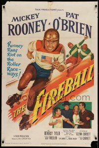 1p323 FIREBALL 1sh '50 art of Mickey Rooney skating in roller derby running a riot on the raceways!