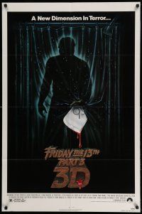 1p355 FRIDAY THE 13th PART 3 - 3D 1sh '82 slasher sequel, art of Jason stabbing through shower!