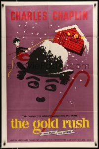 1p388 GOLD RUSH 1sh R59 Charlie Chaplin classic, wonderful art by Leo Kouper!